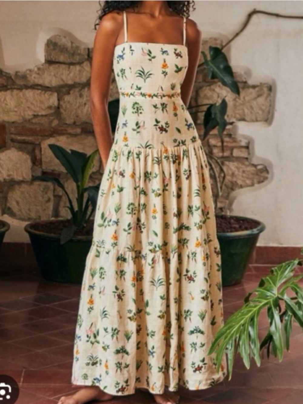 Agua by Agua Bendita Cream Maxi Dress with Green and Yellow Floral Embroidery